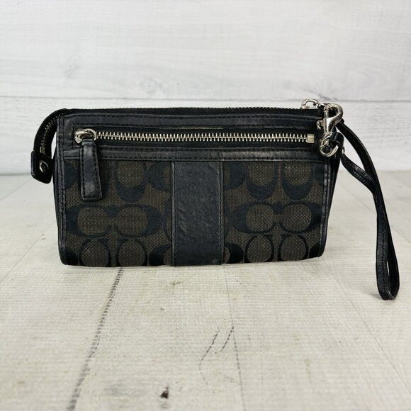 Coach Signature Jacquard Black Leather Trim 8"x4.5" Zip Pouch Wristlet Clutch - Picture 4 of 14